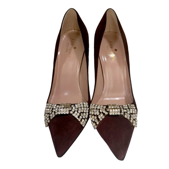 Kate Spade Lissie Hangisi Bow Burgundy Suede  Leather Point Toe Heels Rhinestone - Picture 5 of 16
